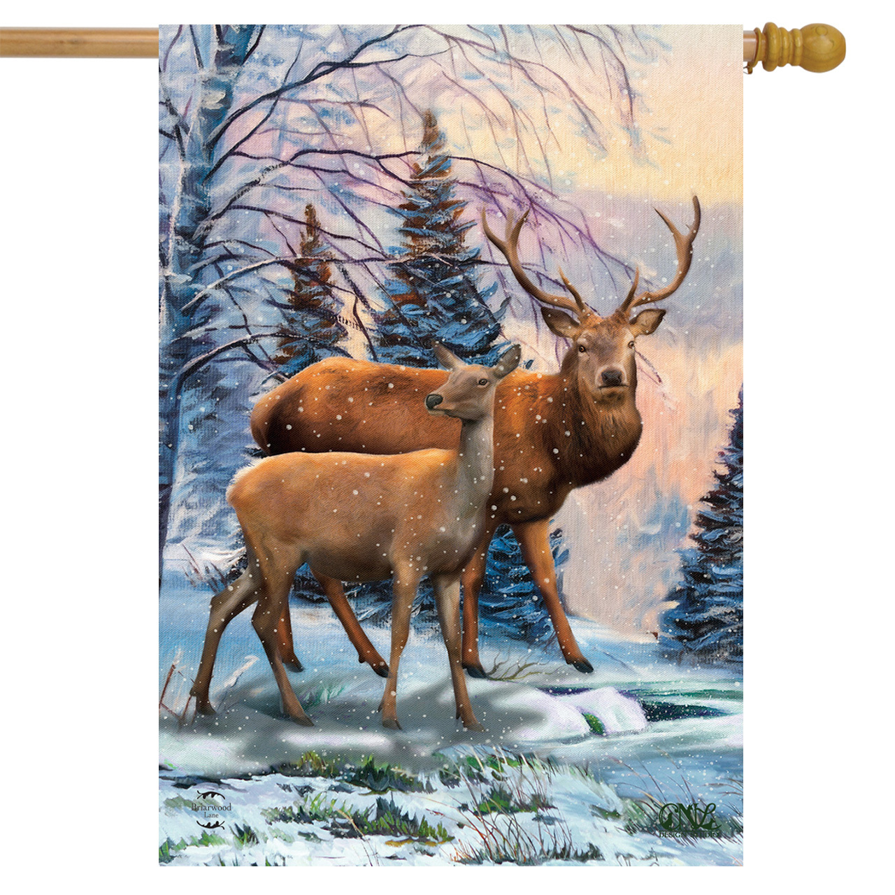 Briarwood Lane Winter Deer Scene House Flag #H01342 Briarwood Lane Winter Deer Scene House Flag #H01342