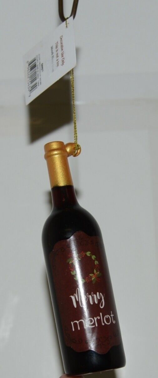 Ganz Merry Merlot Wine Bottle Glass Mouth Blown Ornament #EX24074 Ganz Merry Merlot Wine Bottle Glass Mouth Blown Ornament #EX24074