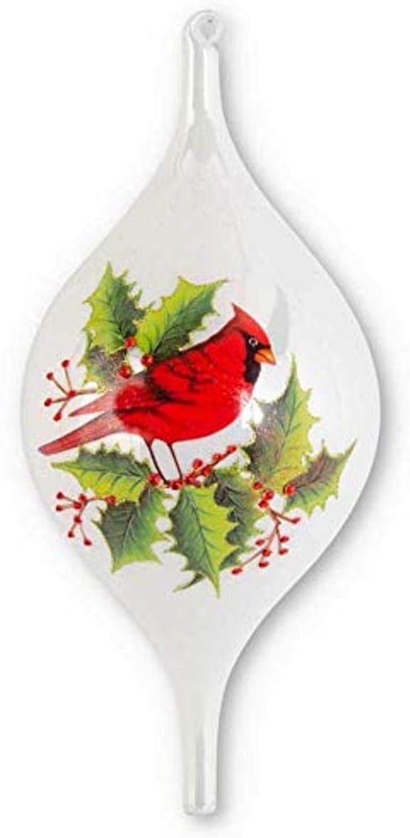 K & K Interiors White Pearl Glass Teardrop Ornament With Cardinal And Holly #54577D K & K Interiors White Pearl Glass Teardrop Ornament With Cardinal And Holly #54577D