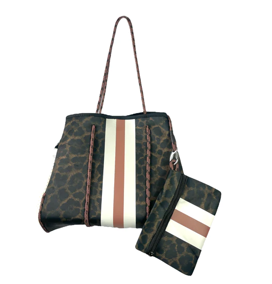 LEOPARD DARK BROWN IVORY STRIPE Girlie Girl Neoprene Tote Bag - Leopard Dark Brown Ivory Stripe #NP-4500