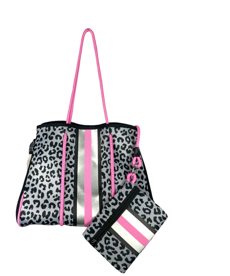 LEOPARD GREY PINK STRIPE Girlie Girl Neoprene Tote Bag - Leopard Grey Pink Stripe #NP-4500