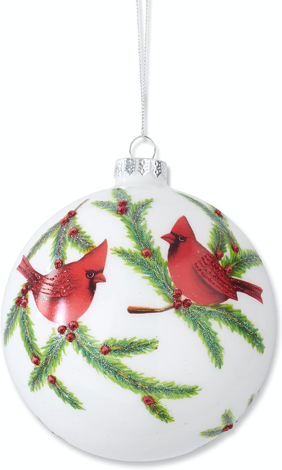 K&K Interiors Glittered White Round Glass Hanging Ornament With Cardinals #55395A K&K Interiors Glittered White Round Glass Hanging Ornament With Cardinals #55395A