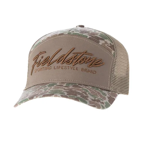 Fieldstone 7 Panel Script Logo Camo Hat #RH103 Fieldstone 7 Panel Script Logo Camo Hat #RH103