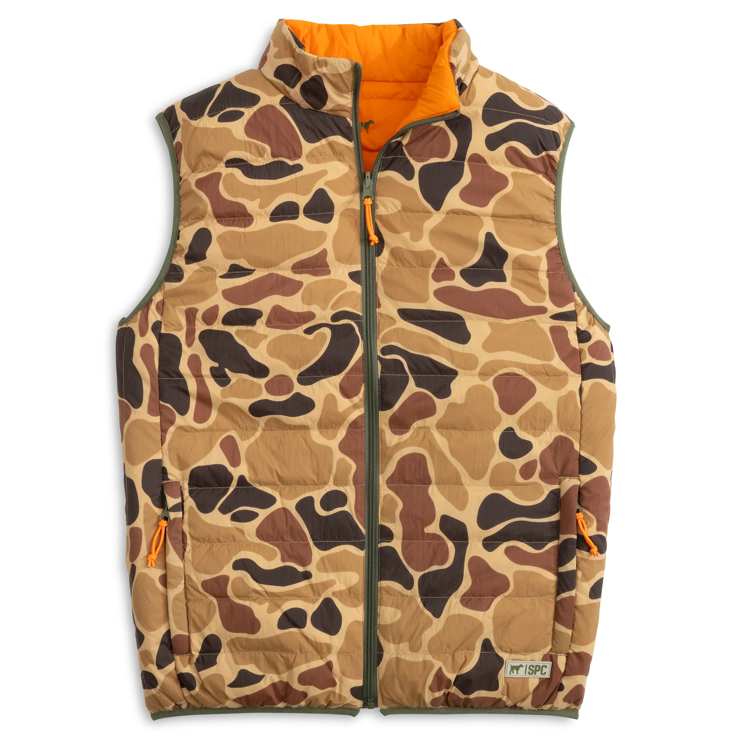 Blaze Orange/Old School Camo Southern Point Co. Field Series Reversible Down Vest