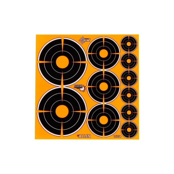 Allen EZ Aim Adhesive Splash 1' 2' & 3' Reactive Paper Bullseye Variety Targets 12 Sheets #15254 Allen EZ Aim Adhesive Splash 1" 2" & 3" Reactive Paper Bullseye Variety Targets 12 Sheets #15254